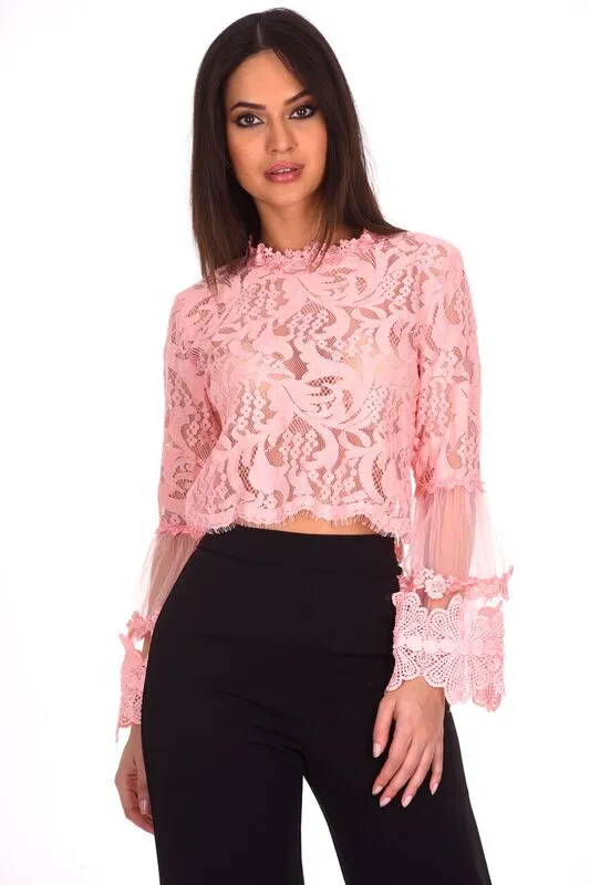 Pink Sheer Lace Long Sleeve Top sold by AX Paris