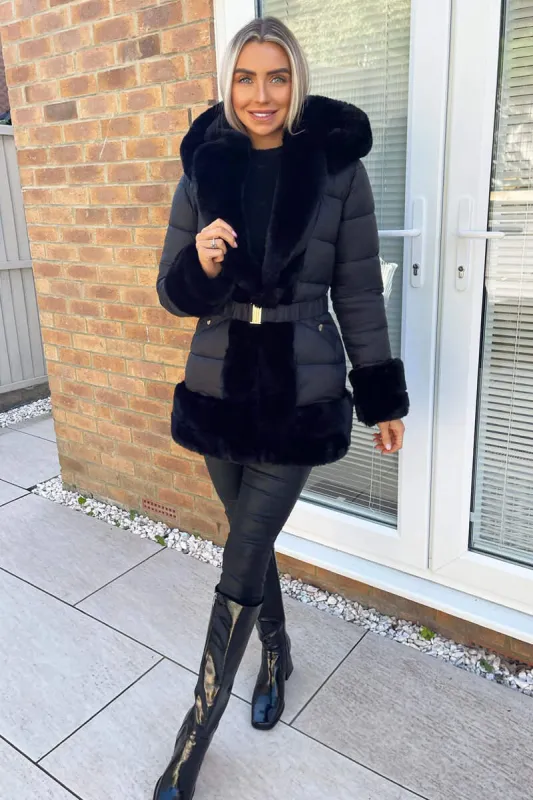 Black Faux Fur Trim Belted Jacket sold by AX Paris
