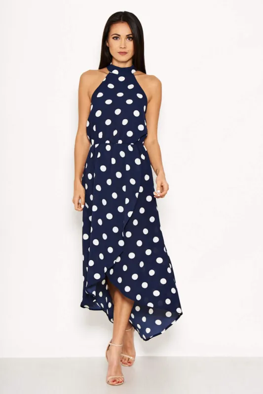 Navy Polka Dot Print High Neck Maxi Dress sold by AX Paris