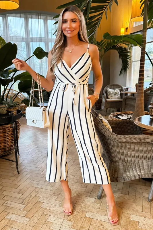 Cream And Navy Striped Wrap Top Tie Waist Jumpsuit sold by AX Paris