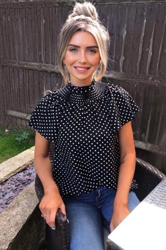 Black Polka Dot Pleated High Neck Top sold by AX Paris