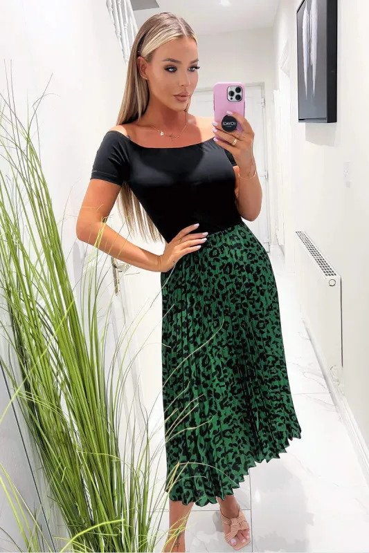 Black And Green Animal Print 2 In 1 Pleated Midi Dress sold by AX Paris
