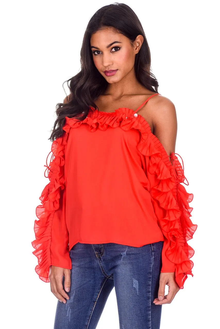 Red Frill Detail Off The Shoulder Top sold by AX Paris