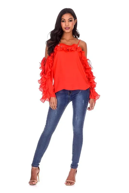 Red Frill Detail Off The Shoulder Top sold by AX Paris product image thumbnail 2