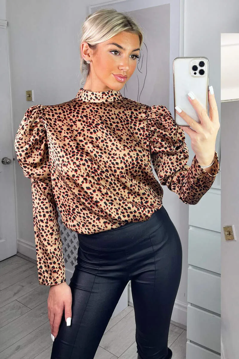 Multi Animal Print High Neck Puff Sleeve Blouse sold by AX Paris