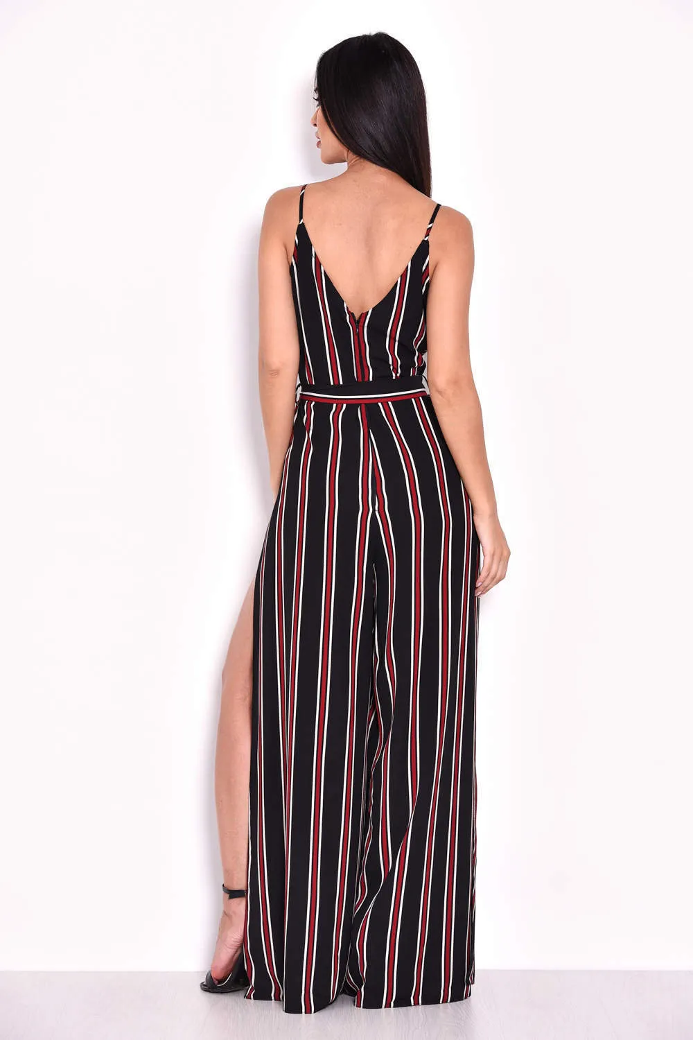 Black Striped Tie Waist Split Leg Jumpsuit sold by AX Paris product image thumbnail 3
