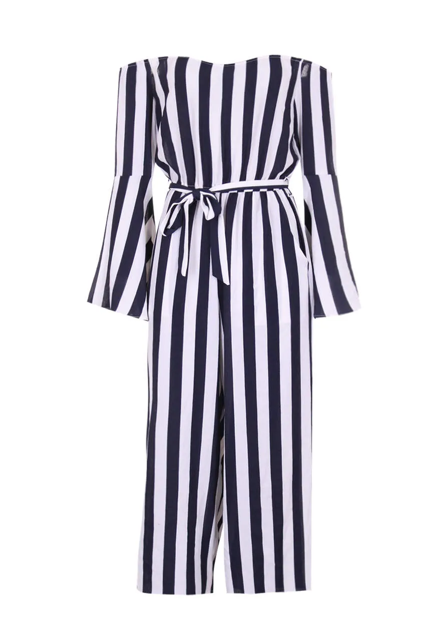 Navy Striped Off The Shoulder Jumpsuit sold by AX Paris product image thumbnail 4