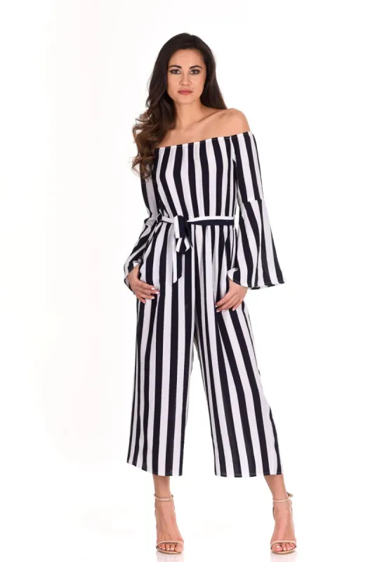 Navy Striped Off The Shoulder Jumpsuit sold by AX Paris