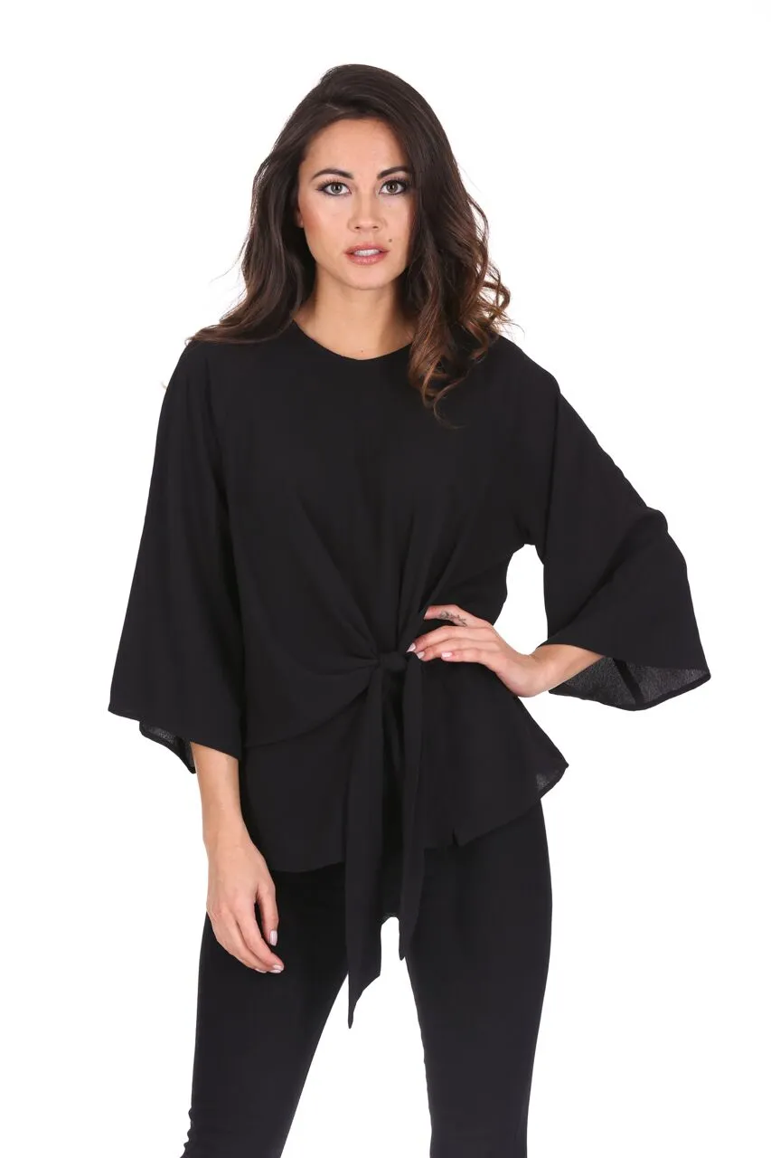 Black Tie Waist Flared Sleeve Top sold by AX Paris