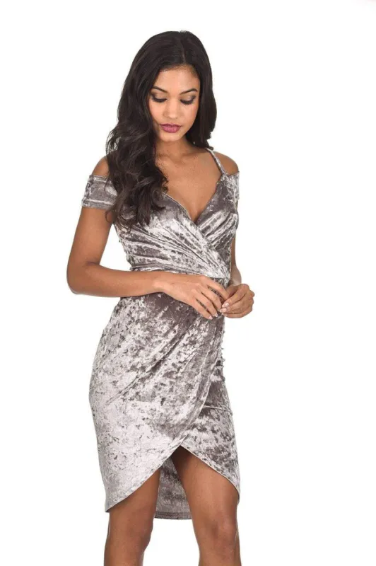Grey Crushed Velvet Wrap Dress sold by AX Paris