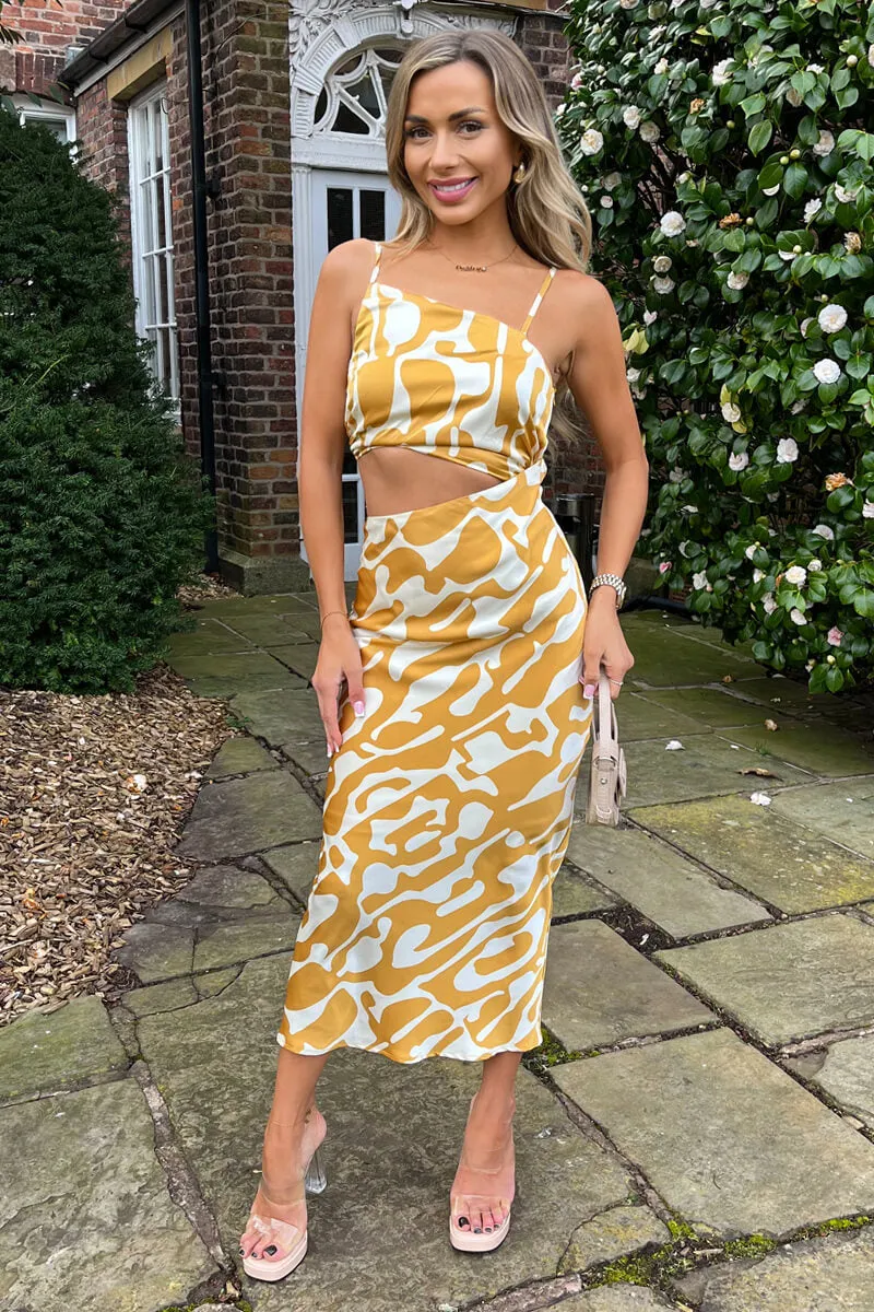 Mustard Abstract Print Asymmetric Cut Out Midi Dress sold by AX Paris