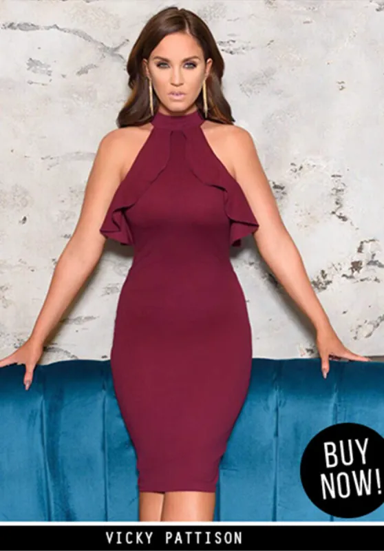 Plum High Neck Ruffled Midi Dress sold by AX Paris