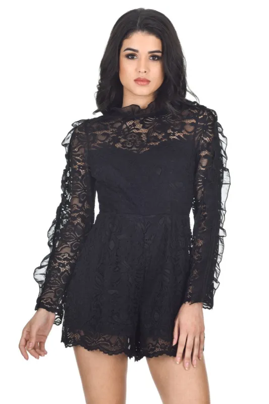 Black Ruffle Sleeve Laced Playsuit sold by AX Paris