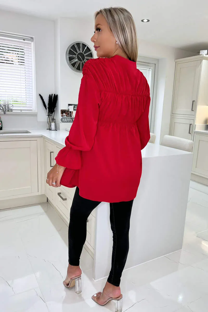Red Long Sleeve Gathered Detail Button Up Top sold by AX Paris product image thumbnail 4