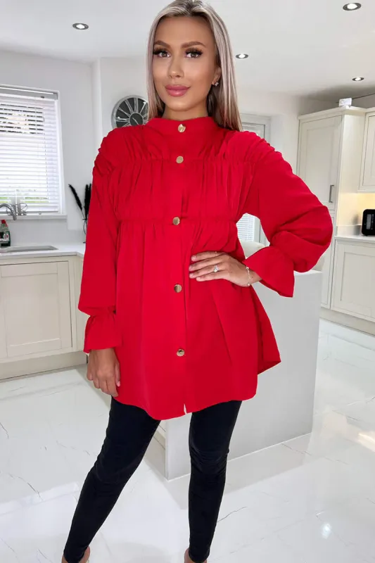 Red Long Sleeve Gathered Detail Button Up Top sold by AX Paris
