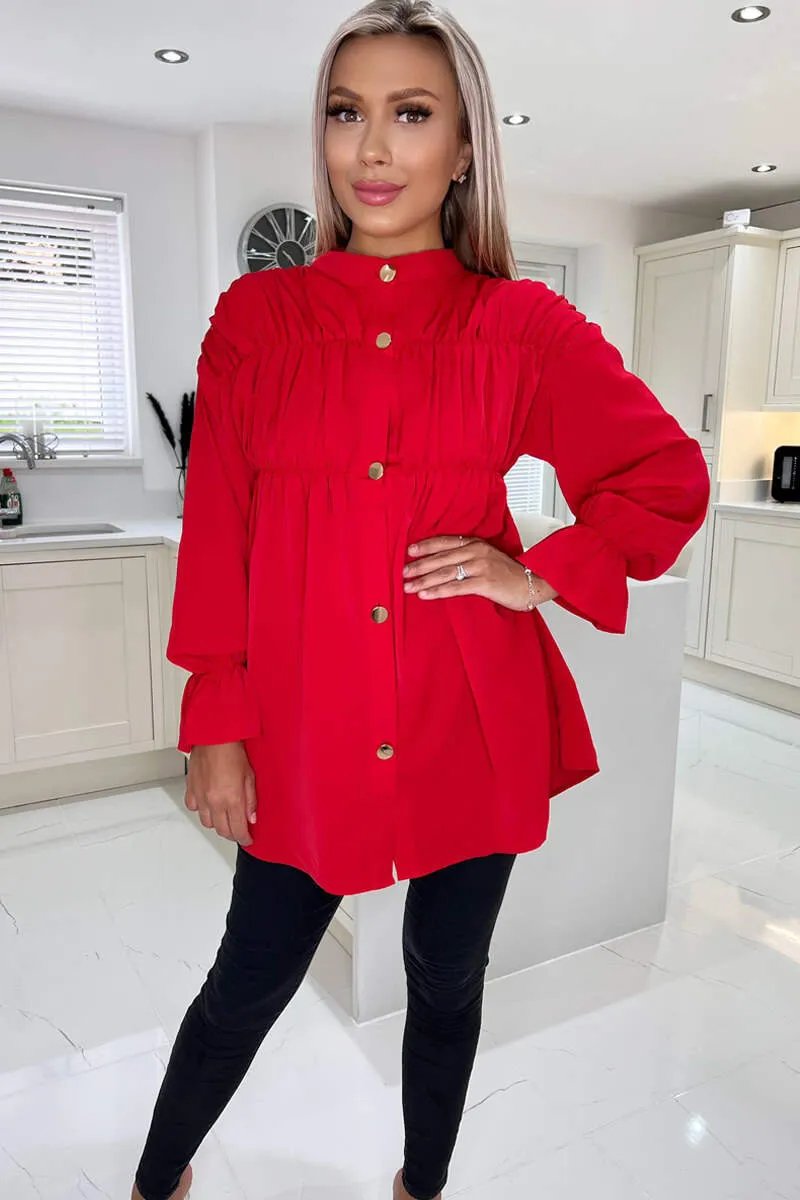 Red Long Sleeve Gathered Detail Button Up Top sold by AX Paris