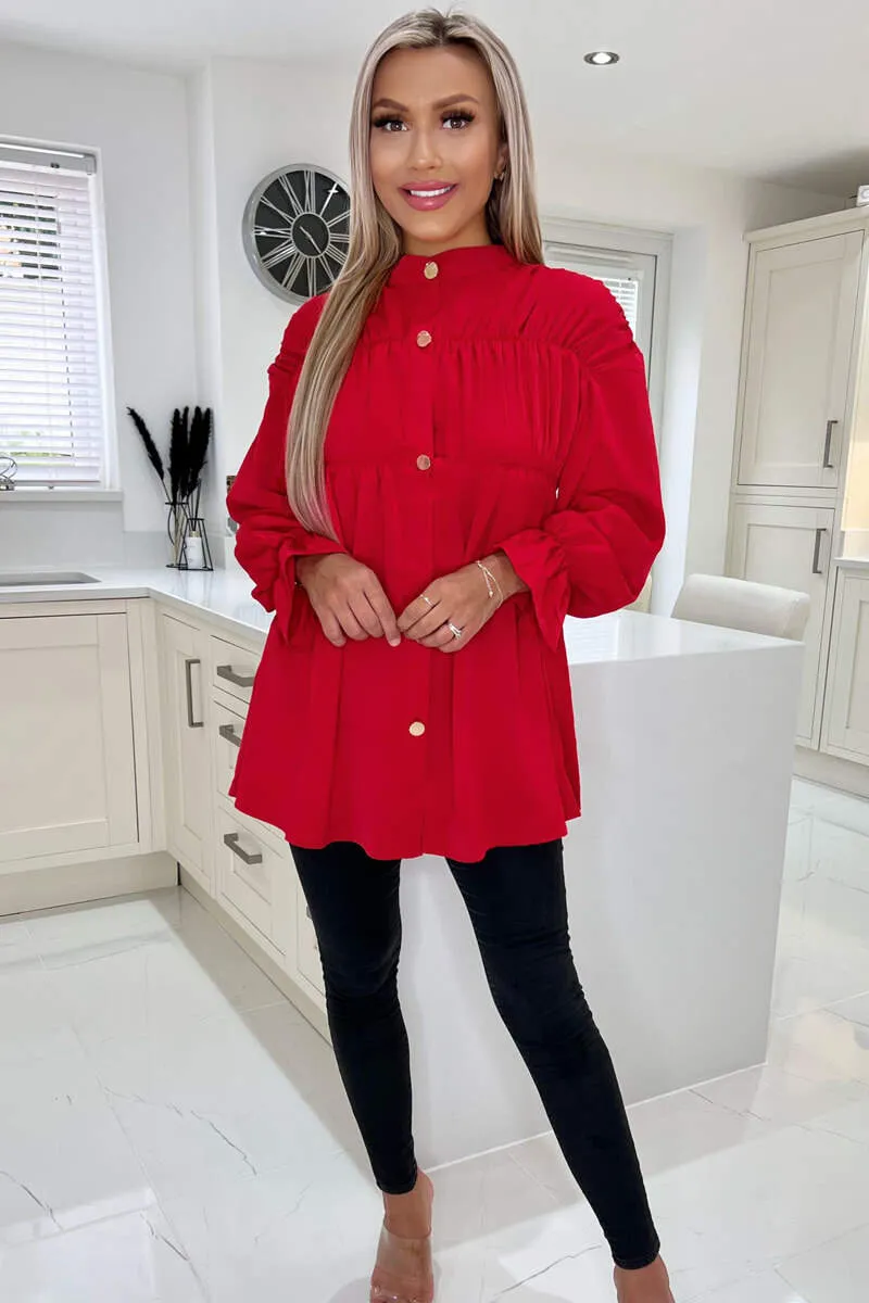 Red Long Sleeve Gathered Detail Button Up Top sold by AX Paris product image thumbnail 2