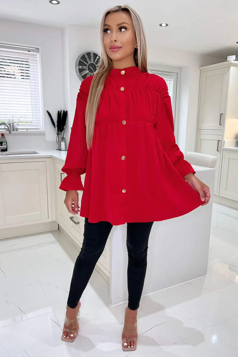 Red Long Sleeve Gathered Detail Button Up Top sold by AX Paris product image thumbnail 3