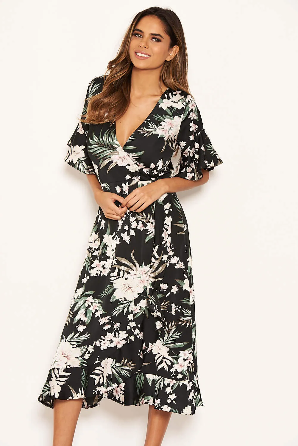 Black Floral Frill Wrap Midi Dress sold by AX Paris product image thumbnail 3