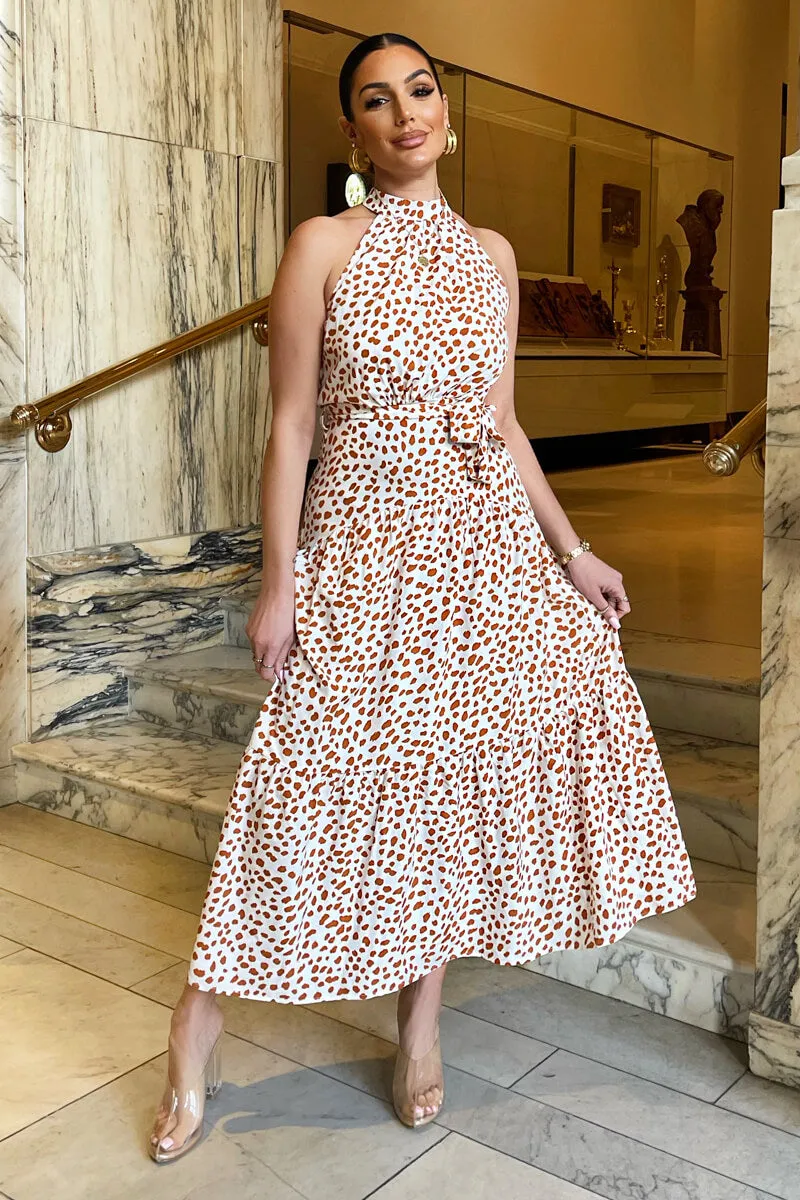 Cream And Brown Print High Neck Tie Belt Midi Dress sold by AX Paris product image thumbnail 2