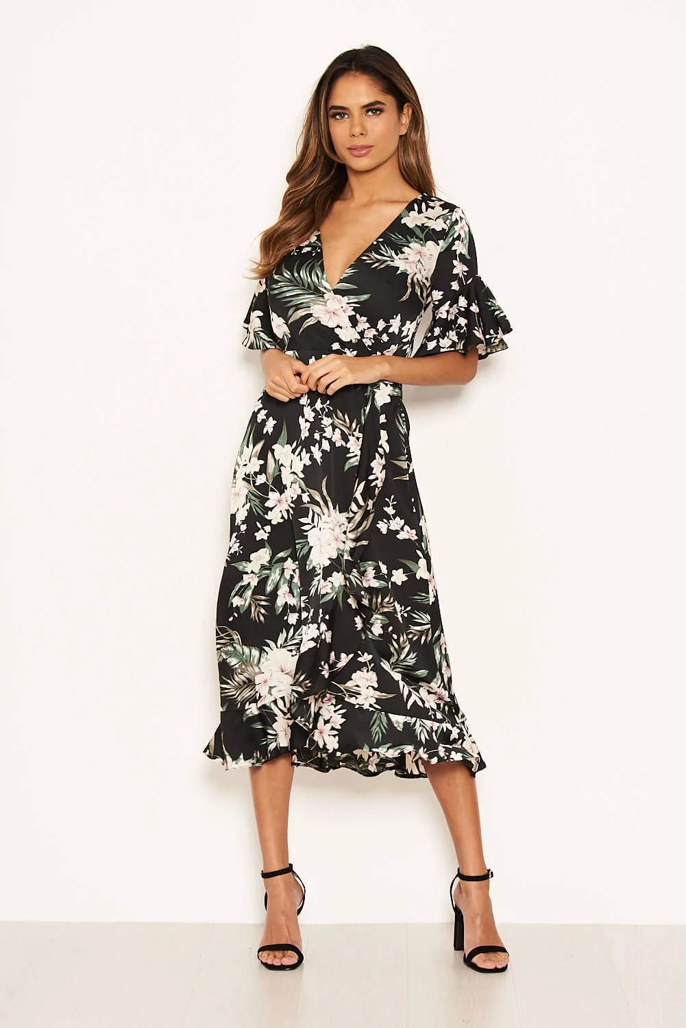 Black Floral Frill Wrap Midi Dress sold by AX Paris
