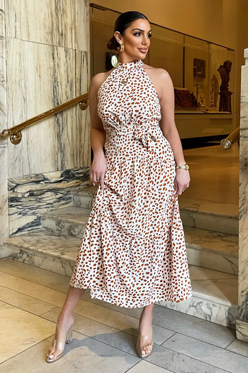 Cream And Brown Print High Neck Tie Belt Midi Dress sold by AX Paris product image thumbnail 3