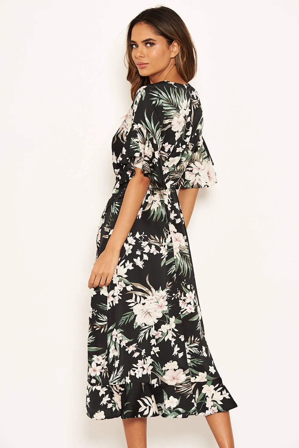 Black Floral Frill Wrap Midi Dress sold by AX Paris product image thumbnail 5
