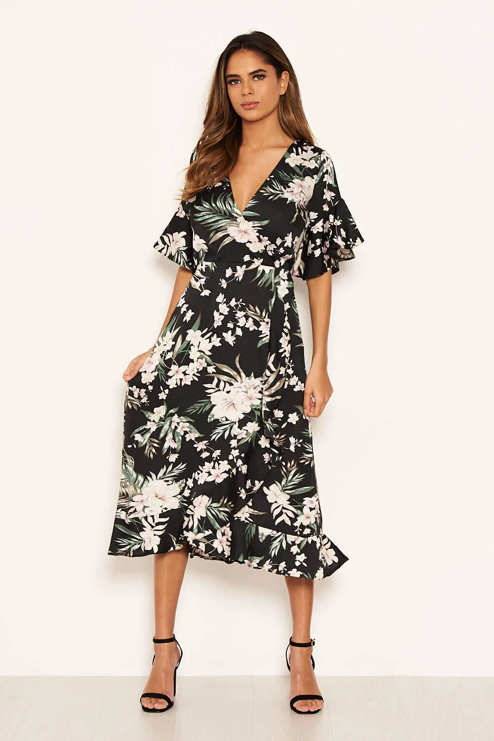Black Floral Frill Wrap Midi Dress sold by AX Paris product image thumbnail 2