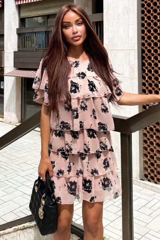 Dusty Pink Floral Printed Tiered Dress sold by AX Paris