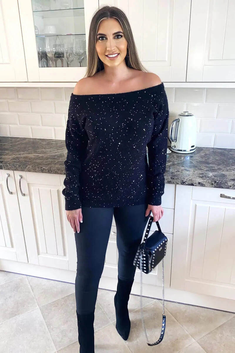 Black Sequin Off The Shoulder Knit Jumper sold by AX Paris product image thumbnail 4