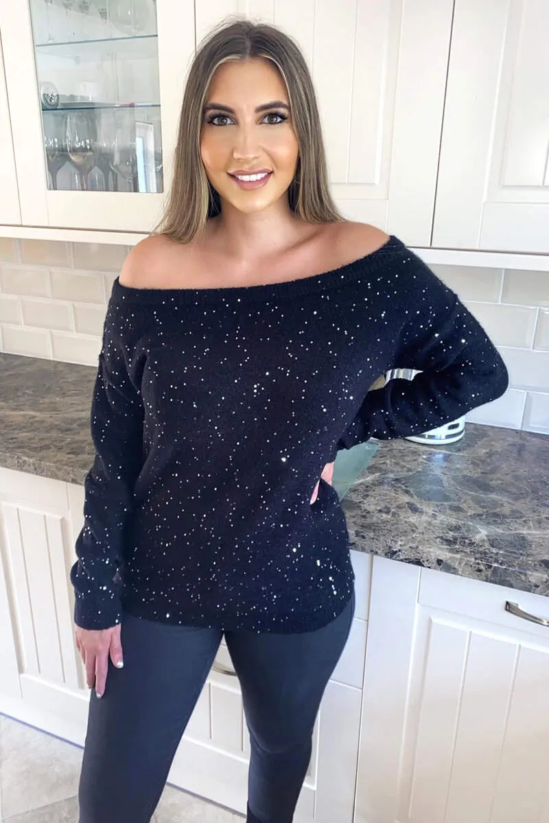Black Sequin Off The Shoulder Knit Jumper sold by AX Paris