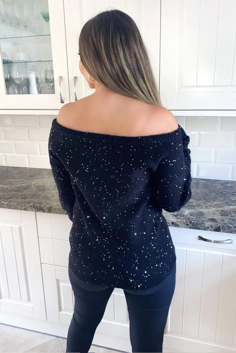 Black Sequin Off The Shoulder Knit Jumper sold by AX Paris product image thumbnail 2