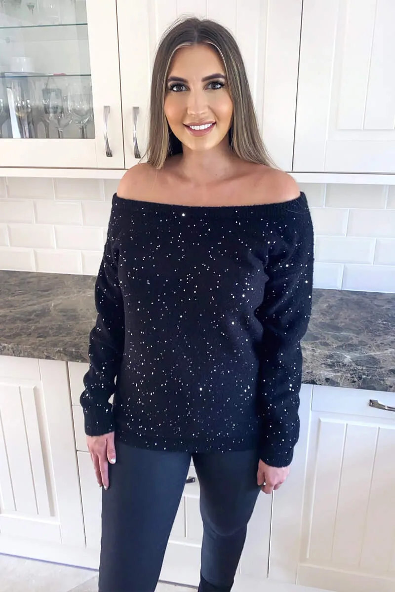 Black Sequin Off The Shoulder Knit Jumper sold by AX Paris product image thumbnail 3