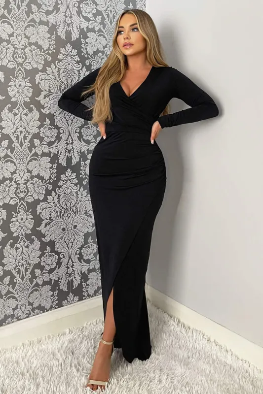Black Long Sleeve Wrap Over Maxi Dress sold by AX Paris