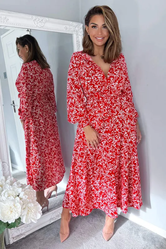 Red Floral Print Button Up Midi Shirt Dress sold by AX Paris