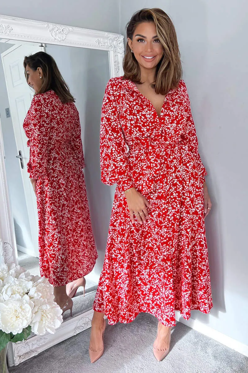 Red Floral Print Button Up Midi Shirt Dress sold by AX Paris