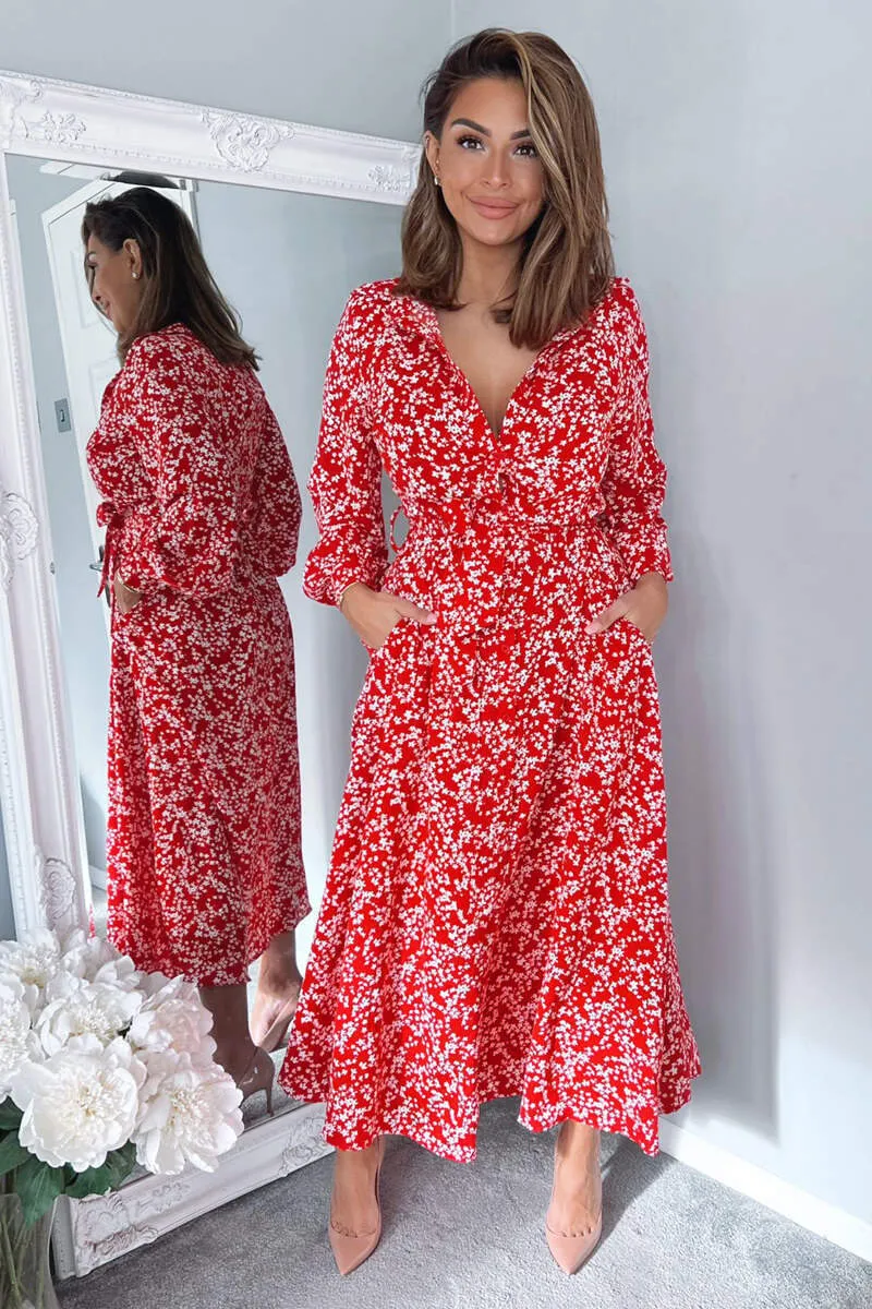 Red Floral Print Button Up Midi Shirt Dress sold by AX Paris product image thumbnail 2