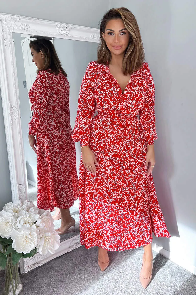 Red Floral Print Button Up Midi Shirt Dress sold by AX Paris product image thumbnail 3