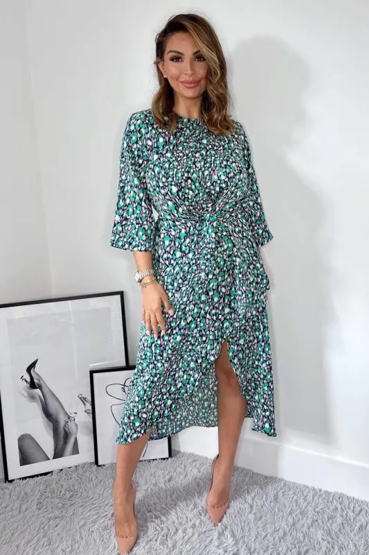 Navy Green And Pink Printed Wrap Tie Front Midi Dress sold by AX Paris