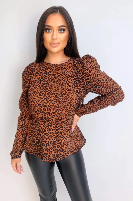 Camel Leopard Print Peplum Top sold by AX Paris