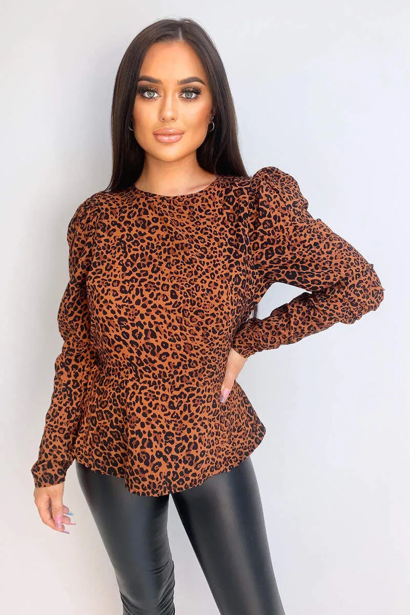 Camel Leopard Print Peplum Top sold by AX Paris