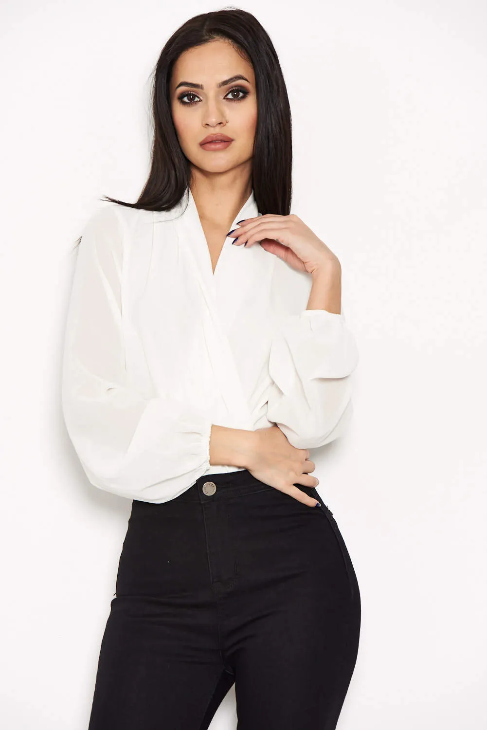 Cream Mesh Detail Sleeved Bodysuit sold by AX Paris