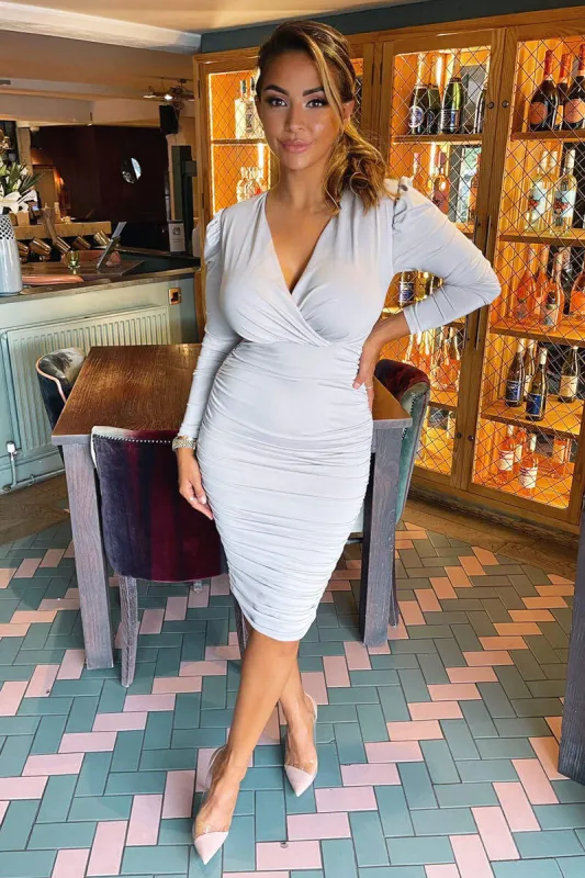 Silver Ruched Long Sleeve Cross Front Midi Dress sold by AX Paris