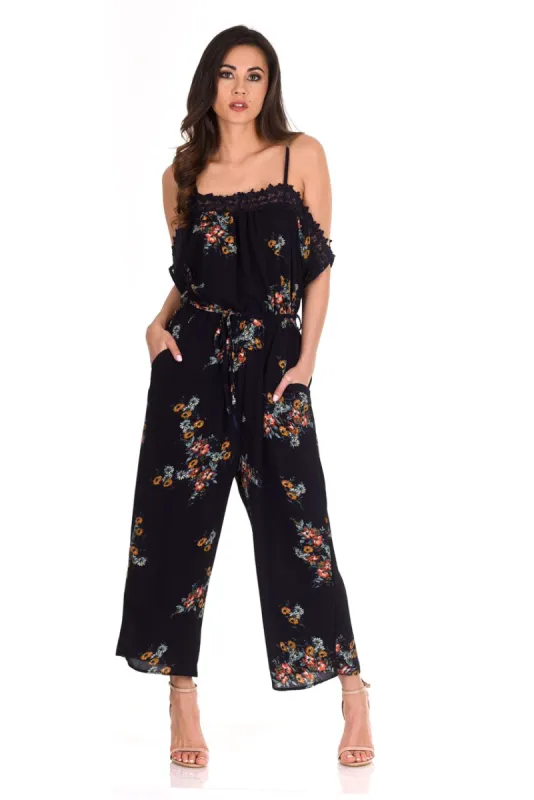 Navy Floral Print Crochet Detail Jumpsuit sold by AX Paris