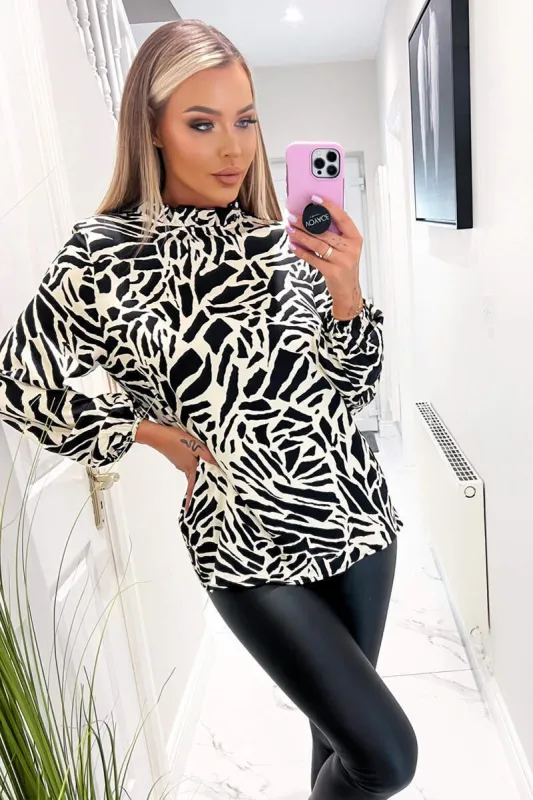 Black And Stone Printed Long Sleeve High Neck Blouse sold by AX Paris