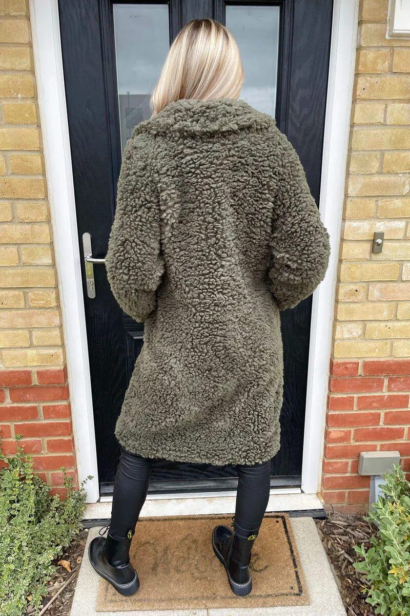 Khaki Long Line Teddy Faux Fur Coat sold by AX Paris product image thumbnail 4