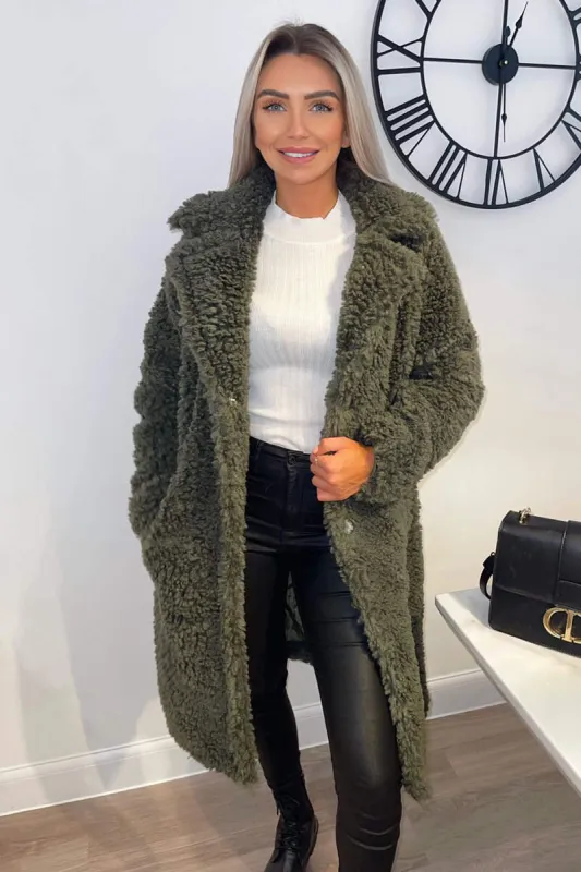 Khaki Long Line Teddy Faux Fur Coat sold by AX Paris