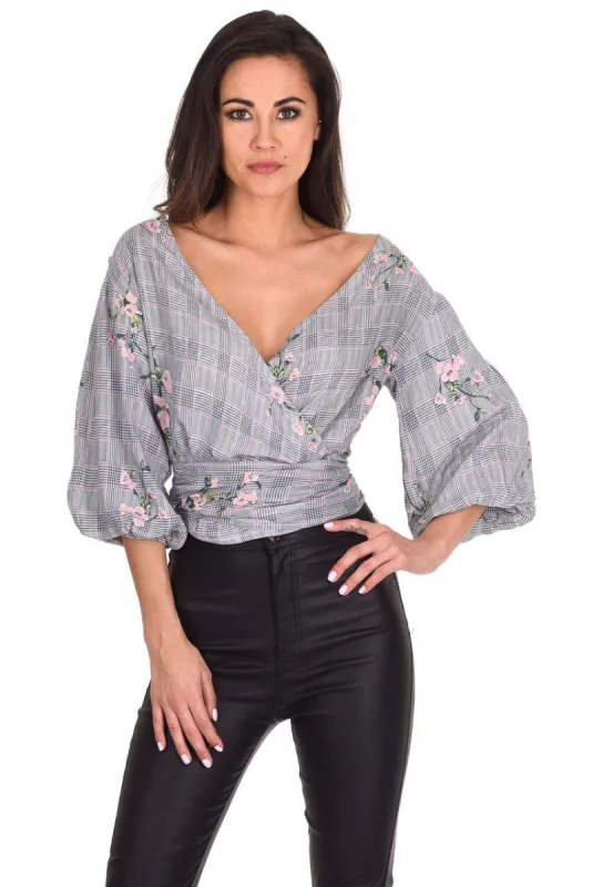 Black Floral Checked Tie Top sold by AX Paris