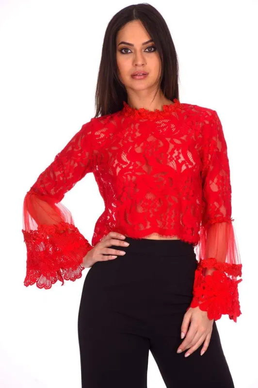 Red Sheer Lace Long Sleeve Top sold by AX Paris