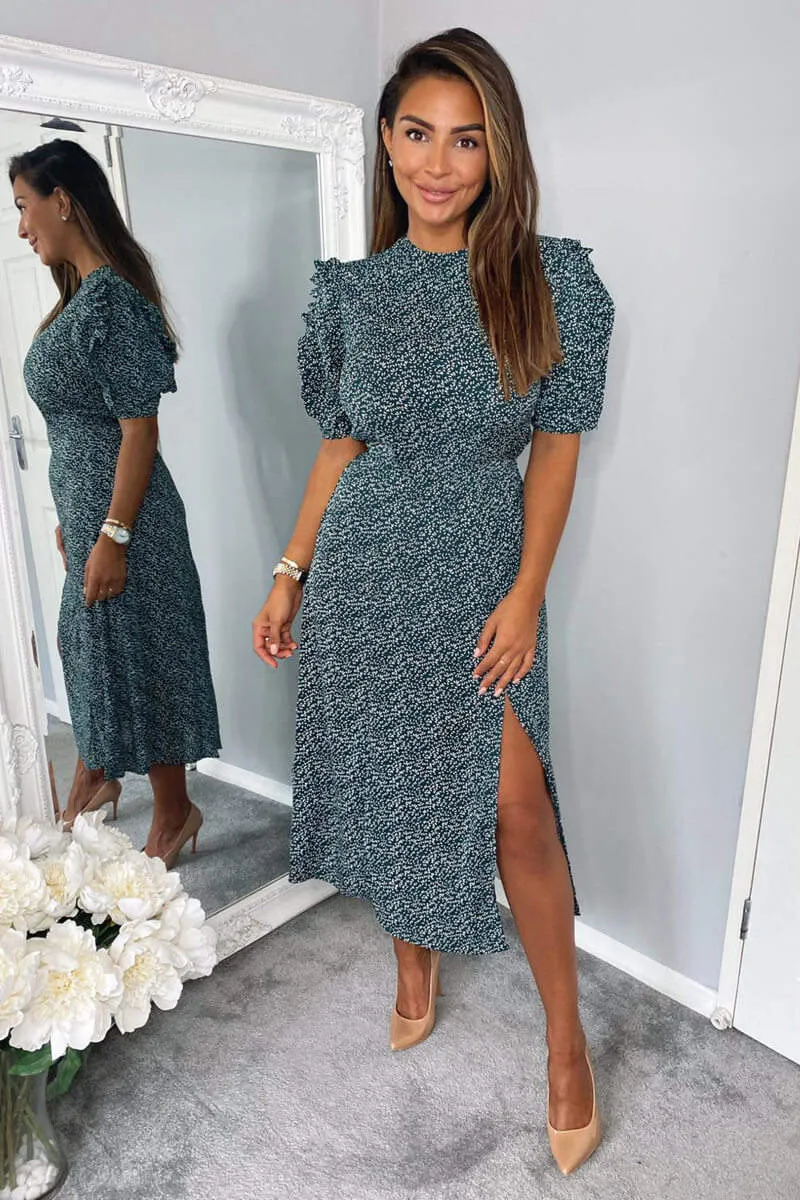Forest Green Printed Pleated Sleeve Midi Dress sold by AX Paris